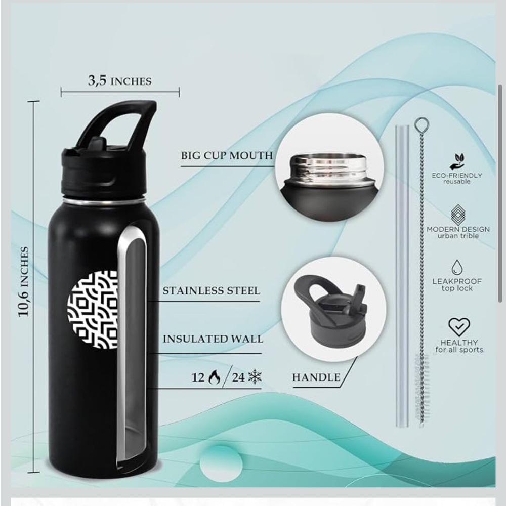 Black Stainless Water Bottle with Straw Lid - Picture 2 of 11